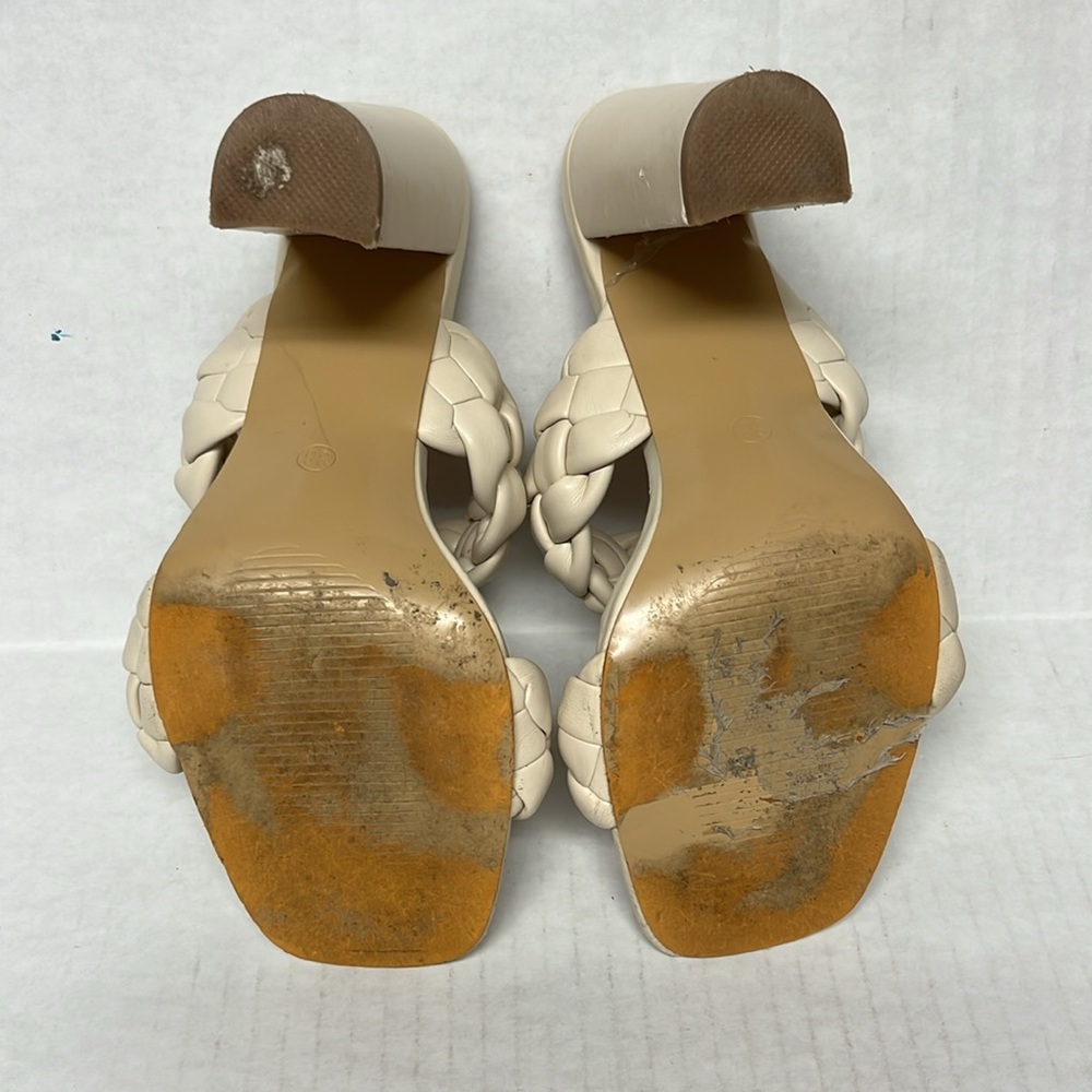 Braided Double Strap Block Heel Sandals – Cream Faux Leather Square Toe Size 7.5 - Picture 10 of 12